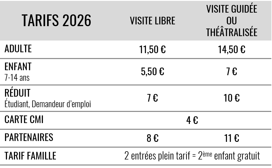 Tarifs château 2026